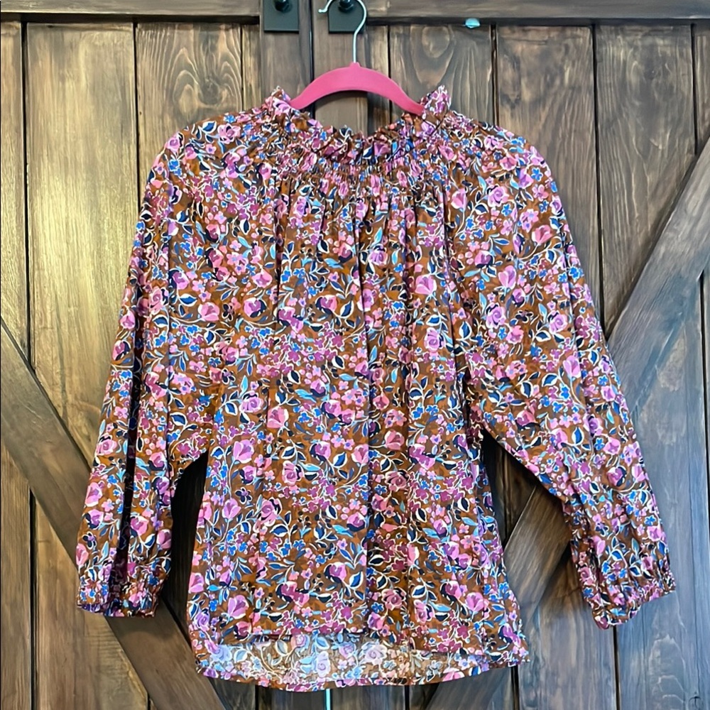 J. Crew Purple and Brown Floral Blouse with Smocked Neckline
